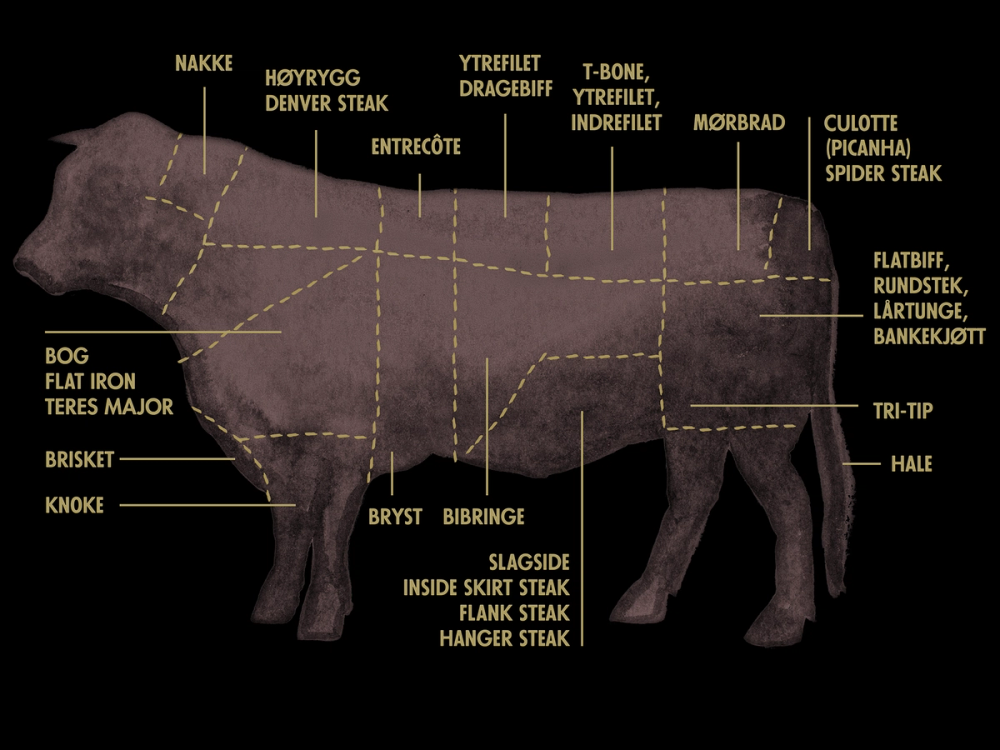Diagram som viser ulike stykningsdeler av en stor okse, med navn på delene som nakkekotelett, entrecôte, høyrygg, ytrefilet, indrefilet, mørbrad, culotte, flatbiff, ryggsteke, lårtunge, bankekjøtt, flat iron, teres major, brislet, knoke, bryst, bibringe, inside skirt steak, flank steak, hanger steak, tri-tip, hale, og spiser av storfe.