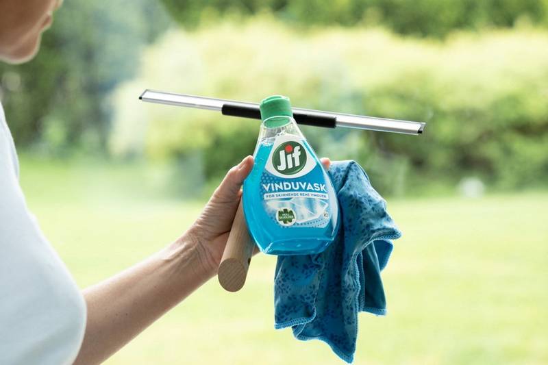 En person holder et vindusvaskeredskap med en flaske med vindusvask og en klut, foran et utendørs landskap med grønt gress og trær.