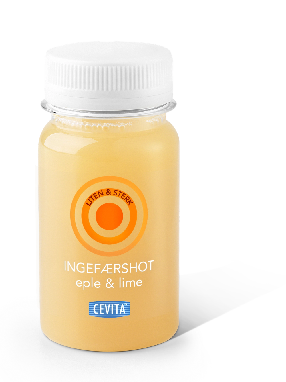 En flaske med ingefærshot med eple og lime, merket med oransje sirkel og teksten 'Liten & Sterk' på etiketten.