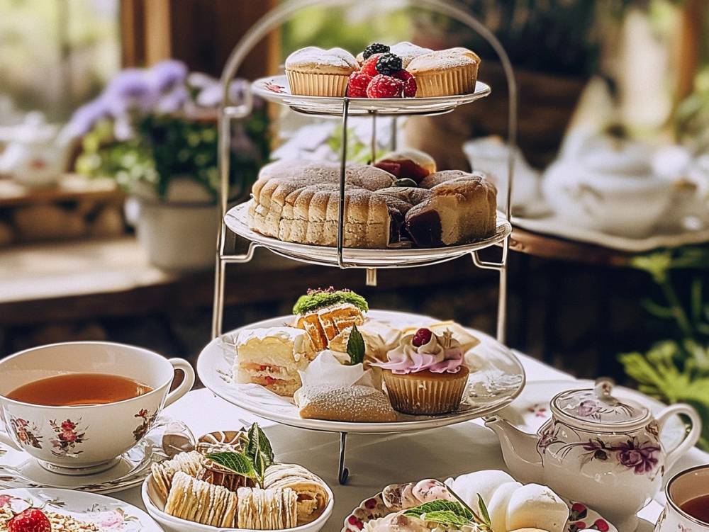 Et treetasjes kakefat med ulike småkaker, scones og frukt, omgitt av te- og kaffekopper på et bord med blomster i bakgrunnen.