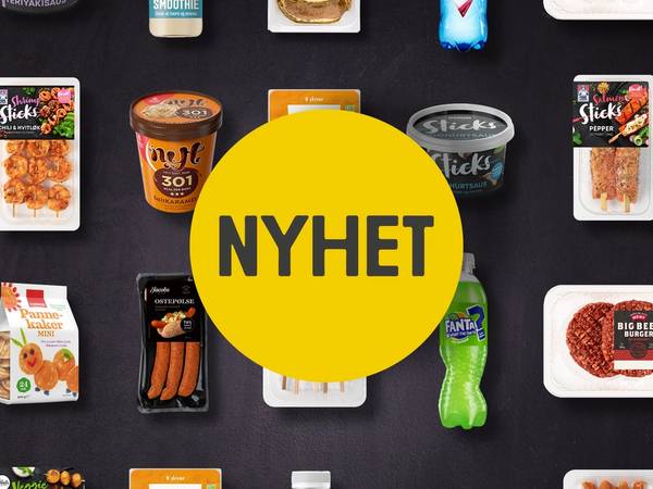 Et utvalg av mat- og drikkevarer fra en nettbutikk, med en stor gul sirkel med teksten 'NYHET' i midten.