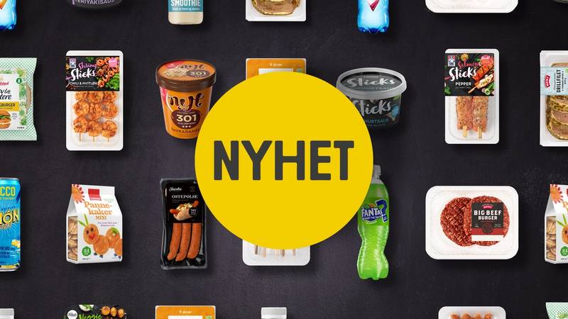 Et utvalg av mat- og drikkevarer fra en nettbutikk, med en stor gul sirkel med teksten 'NYHET' i midten.