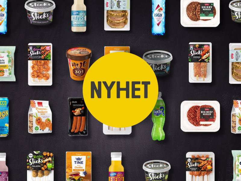 Et utvalg av mat- og drikkevarer fra en nettbutikk, med en stor gul sirkel med teksten 'NYHET' i midten.