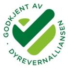 En logo med teksten 'Godkjent av Dyrevernalliansen' og en stor grønn hake, som symboliserer godkjenning eller tillit.