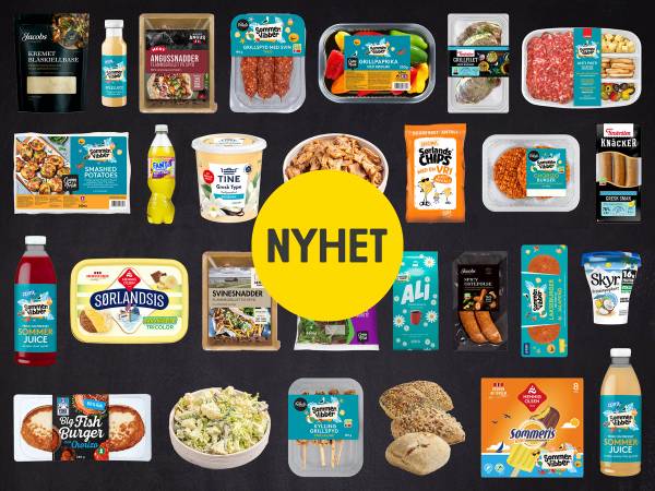 Et utvalg av mat- og dagligvareprodukter på en svart bakgrunn, med en stor gul sirkel med teksten 'NYHET' i midten.