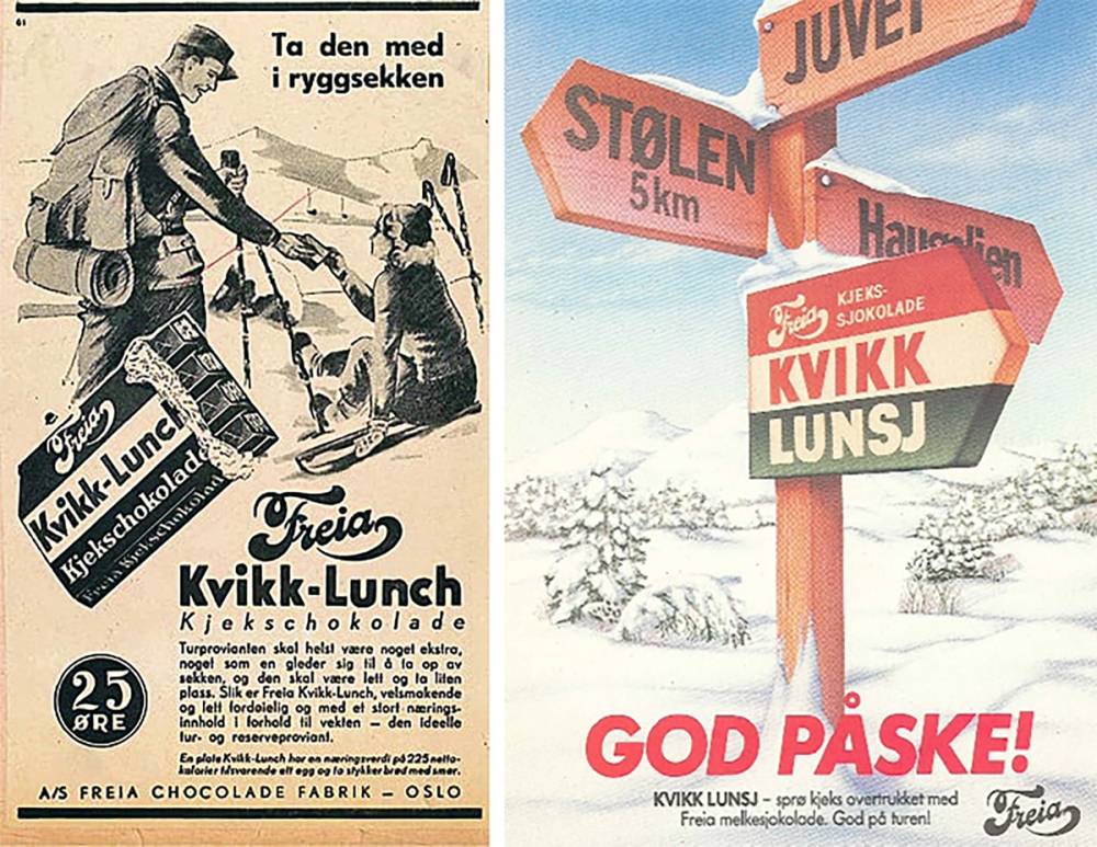 Gamle reklamer for Kvikk Lunsj sjokolade med påskesymboler og retningstavler i snølandskapet.