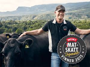 En person står med armene utstrakt over to kyr på en grønn åsside med fjell i bakgrunnen, og en logo for Meny Mat-Skatt vinner 2015 er synlig i bildet.