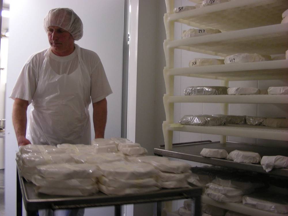 Person i hvit kjeledress som jobber med ost på et produksjonsbord i en ostegård, med ostekasser i bakgrunnen.