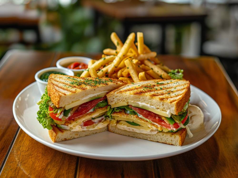 En club-sandwich med skiver av grillet brød fylt med kjøtt, salat, tomat og ost, servert med en side av pommes frites og små skåler med ketchup og dressing.