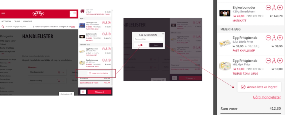 Skjermbilde av en handleliste fra en nettbutikk, med priser og produkter listet opp.