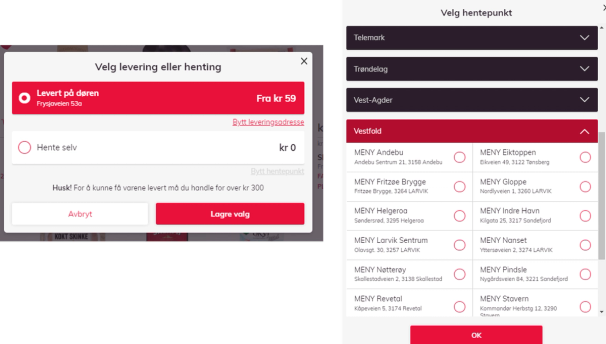 Skjermbilde av en leverings- eller henteside med valg for levering eller henting, og en knapp for å lagre valget.