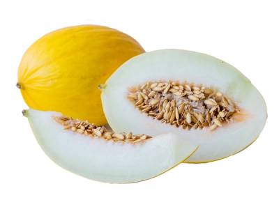 Honningmelon som er delt i to, viser den hvite innmaten og frøene inni.