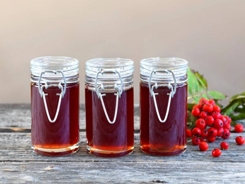 Tre små glass med rognebærgelé på et bord med noen rognebær og grønne blader ved siden av.