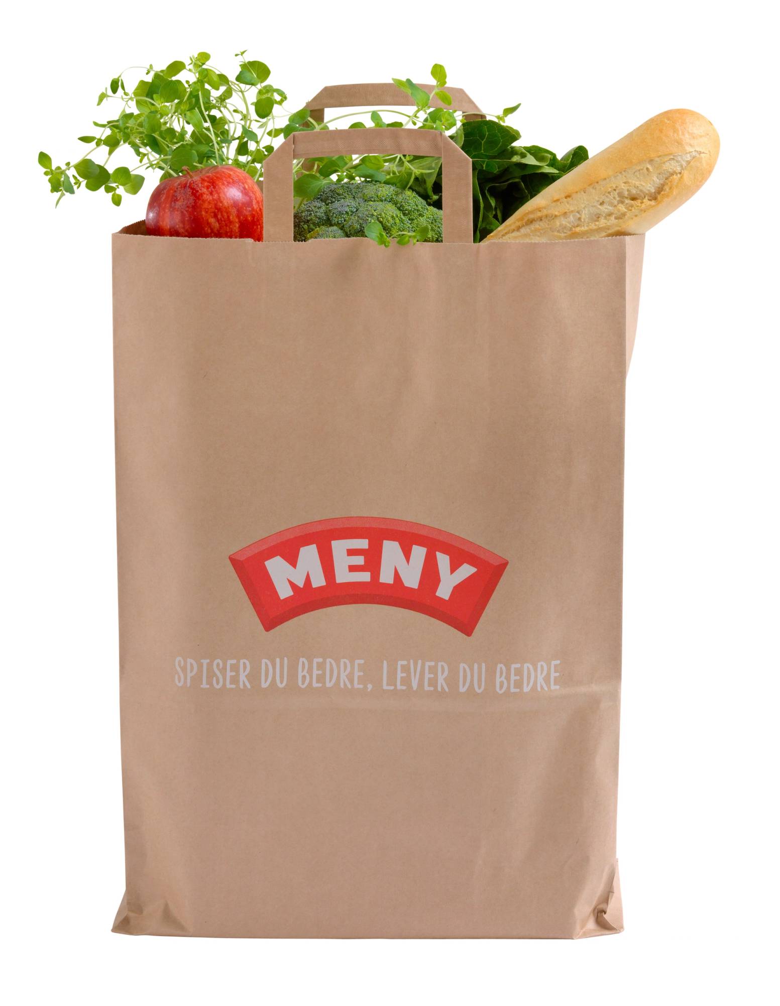 Papirpose fylt med frukt, grønnsaker og brød, med MENY-logo på forsiden.