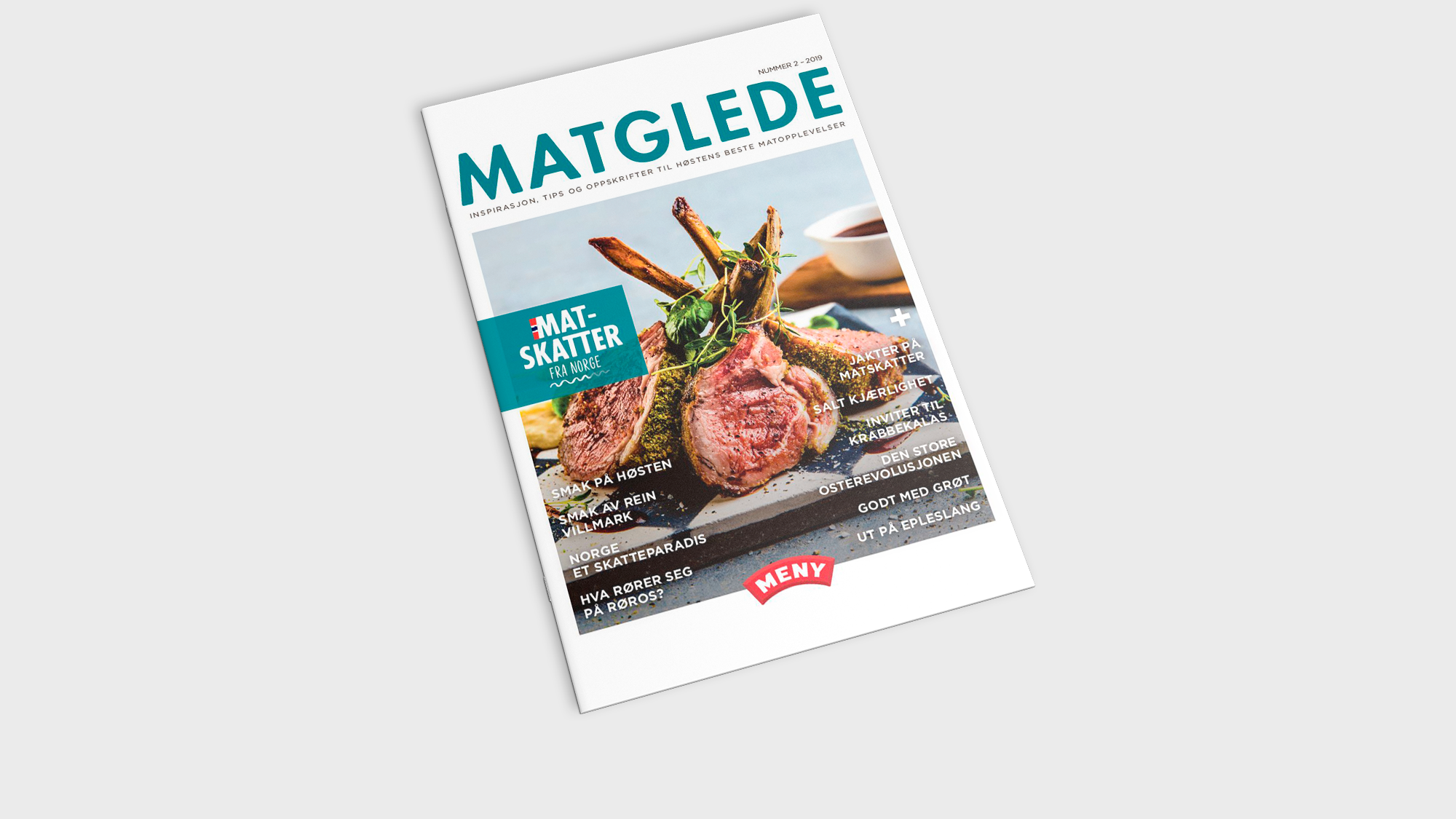 En matbok med tittelen 'Matglede' og bilder av kjøtt og grønnsaker på forsiden.