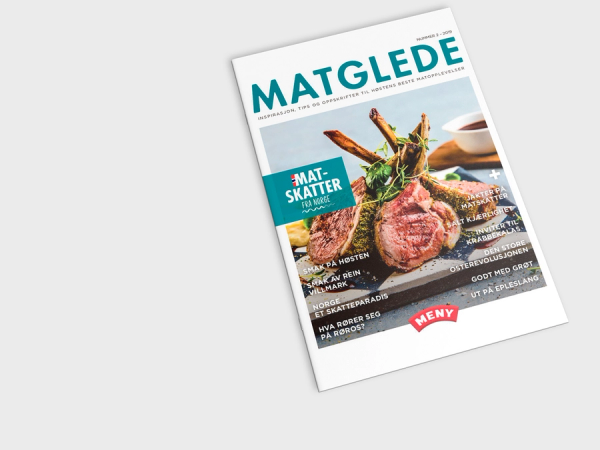 En matbok med tittelen 'Matglede' og bilder av kjøtt og grønnsaker på forsiden.