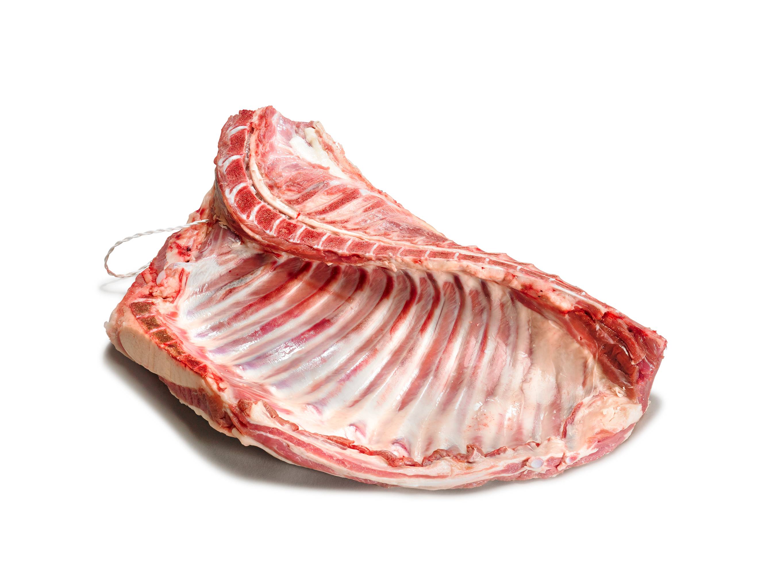 En ribbe av lam med bein, klar til tilberedning, på et hvitt bakgrunnsbildet.