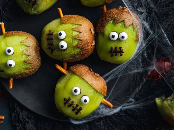Eplepyntede snacks med ansikter og små horn, dekorert til Halloween, på en svart tallerken med spindelvev rundt.