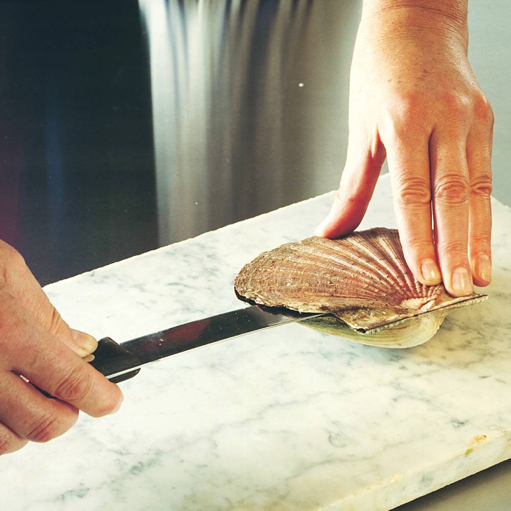 En person renser en kamskjell med en kniv på et kjøkkenbord.