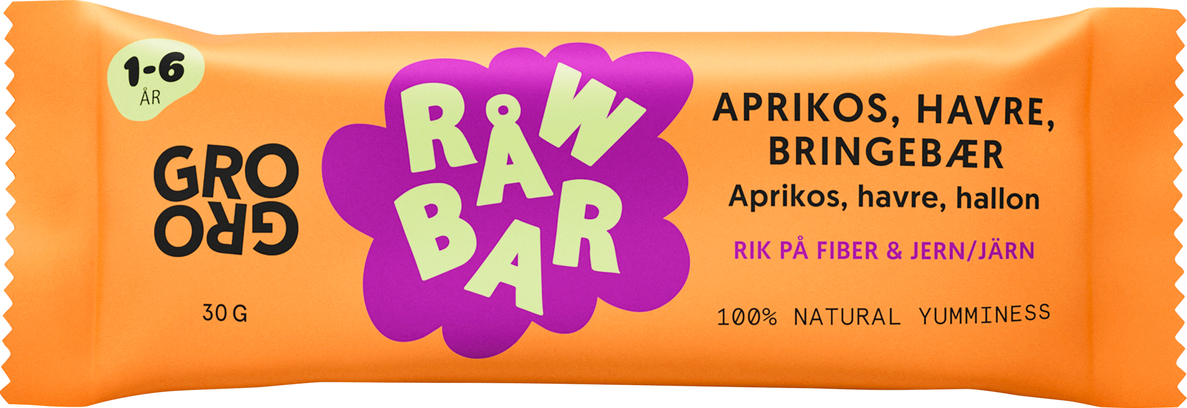 En energibar med smak av aprikos, havre og bringebær, pakket inn i oransje emballasje med logoen 'Gro Raw Bar'.