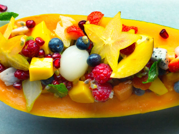 Eksotisk frukt med mango, druer, bær og mynte på en tallerken, klar til å spises.