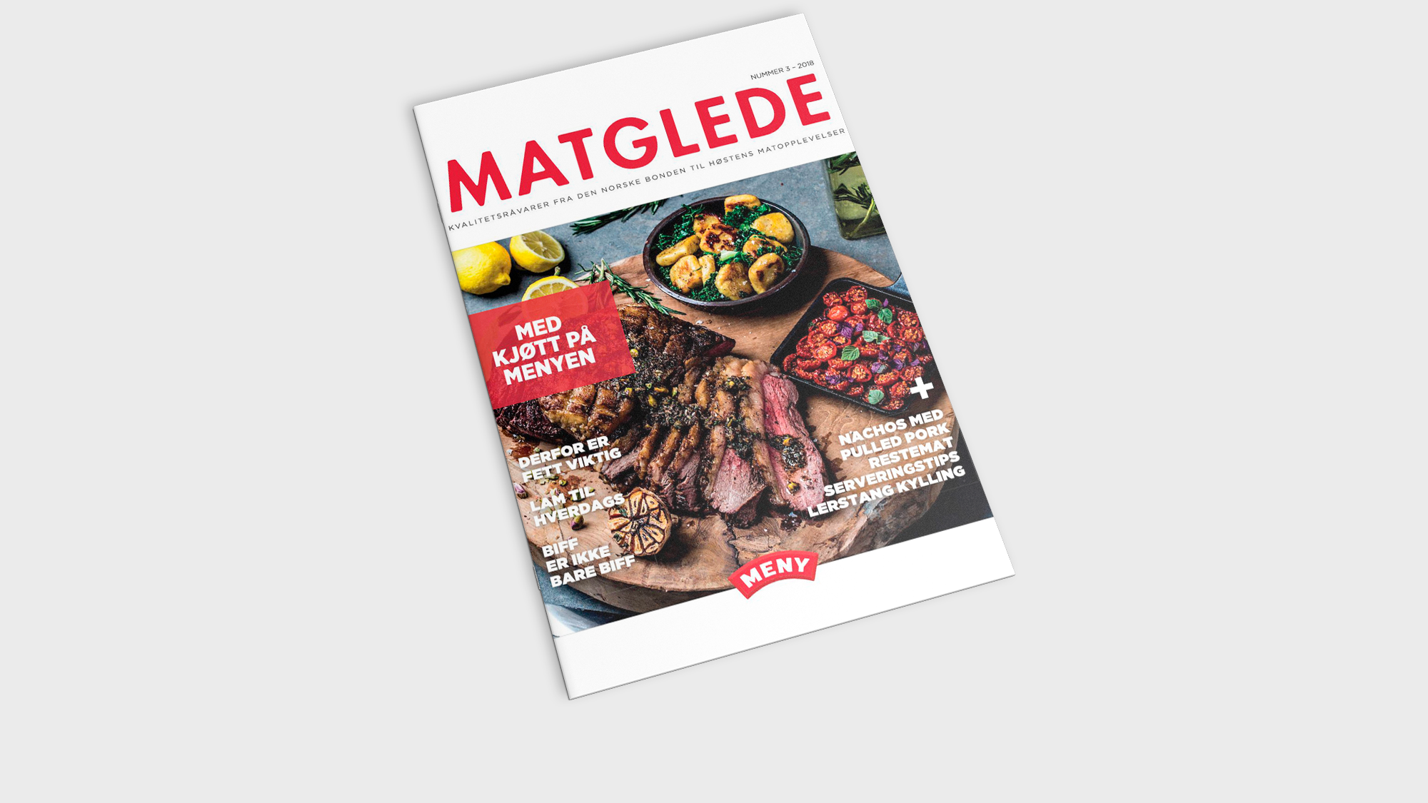 En matmagasin med tittelen 'Matglede' og bilder av ulike retter på forsiden.