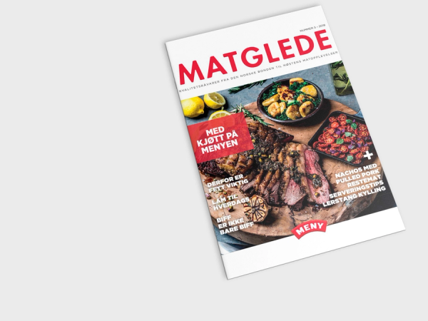 En matmagasin med tittelen 'Matglede' og bilder av ulike retter på forsiden.