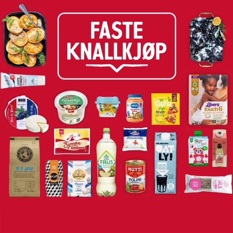 Et utvalg av ulike mat- og dagligvareprodukter på en rød bakgrunn med teksten 'Faste Knallkjøp'.