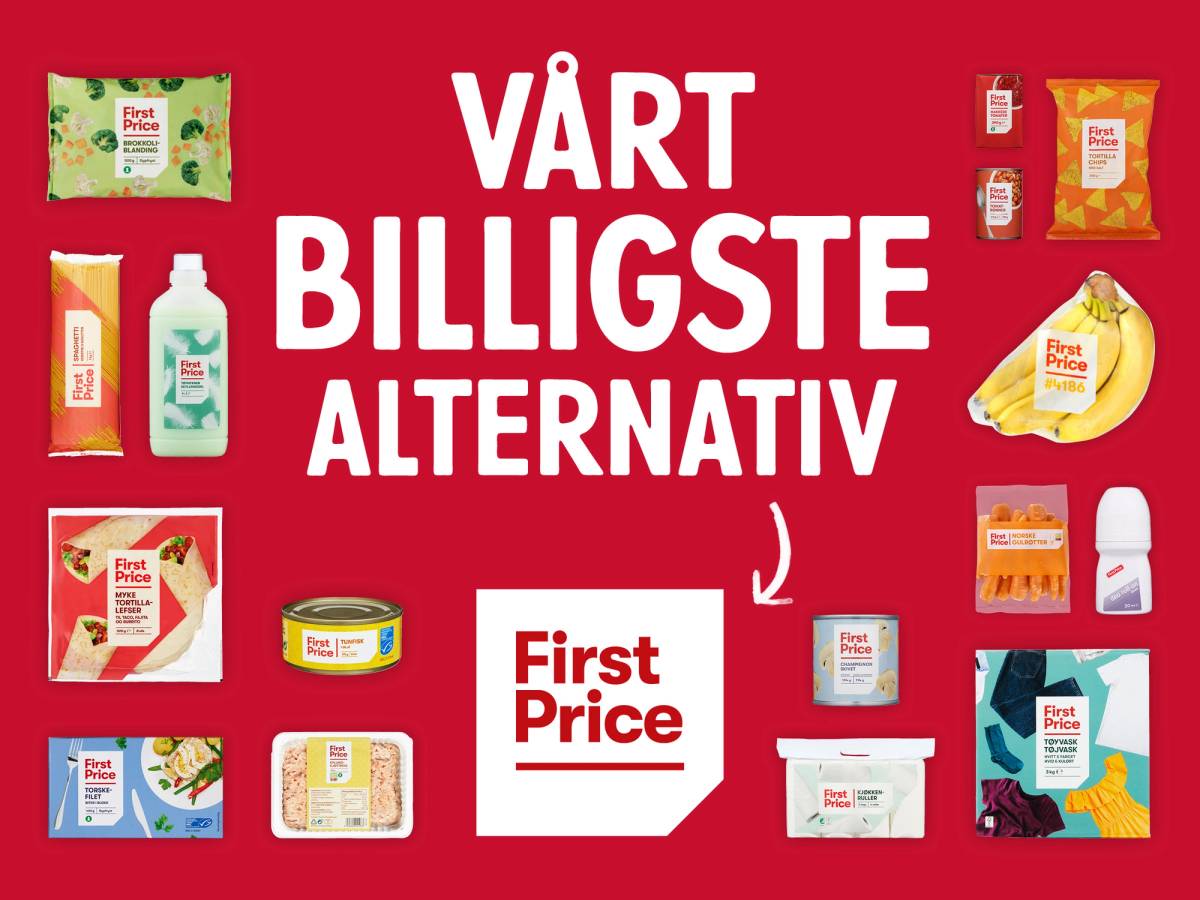 Plakat som annonserer First Price-produkter med teksten 'Vårt billigste alternativ' og bilder av ulike dagligvarer, med lansering i september 2024.