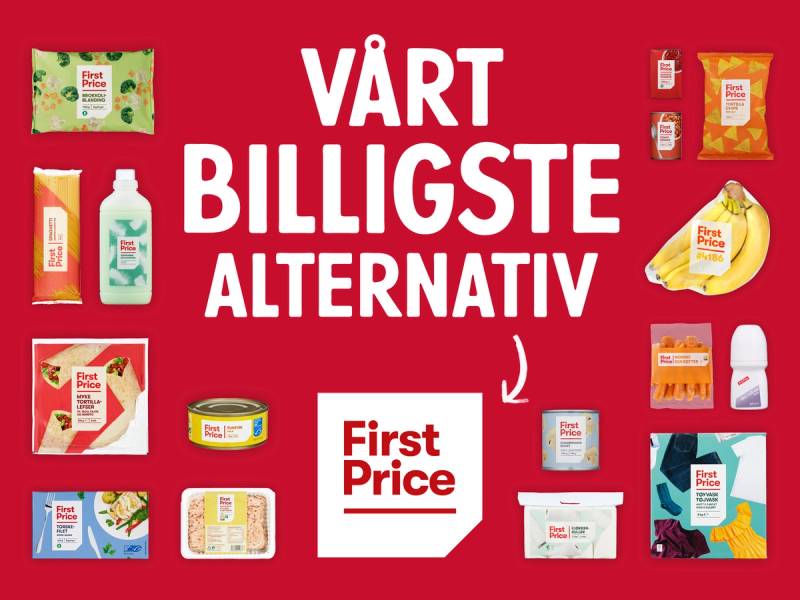 Plakat som annonserer First Price-produkter med teksten 'Vårt billigste alternativ' og bilder av ulike dagligvarer, med lansering i september 2024.