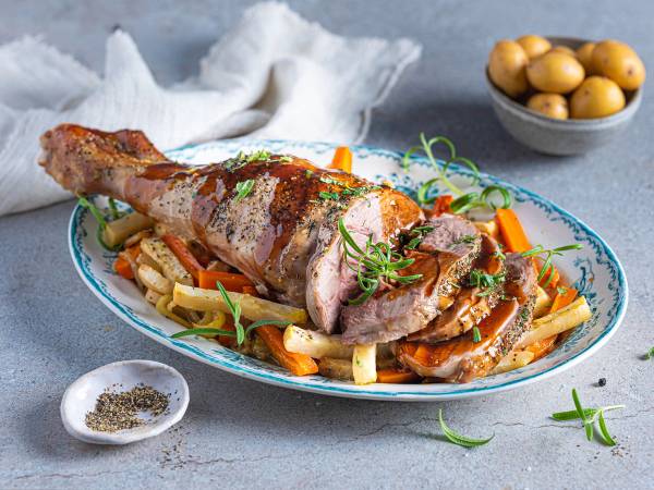 Lammekjøtt med grønnsaker og saus på et serveringsfat, med en skål med egg og en liten skål med krydder i bakgrunnen.