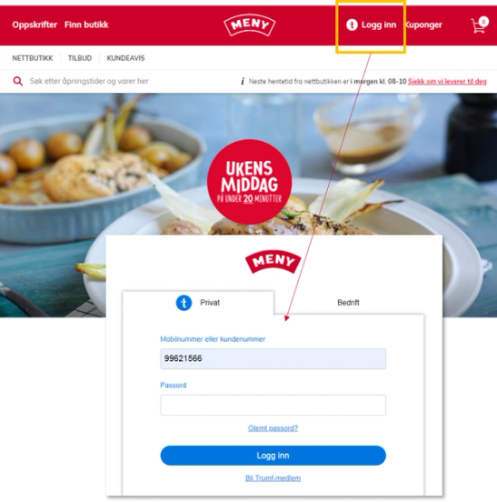 Skjermbilde av en nettside med en innloggingsboks for privat og bedrift, med felter for mobilnummer og passord, og en knapp for å logge inn.