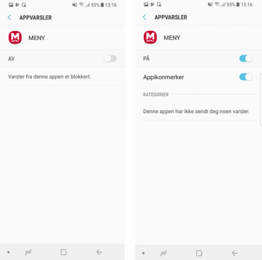 Skjermbilder av innstillinger for varsler i en Android-telefon, hvor den første viser at varsler er deaktivert og den andre at varsler er aktivert med app-ikon og kategorier.