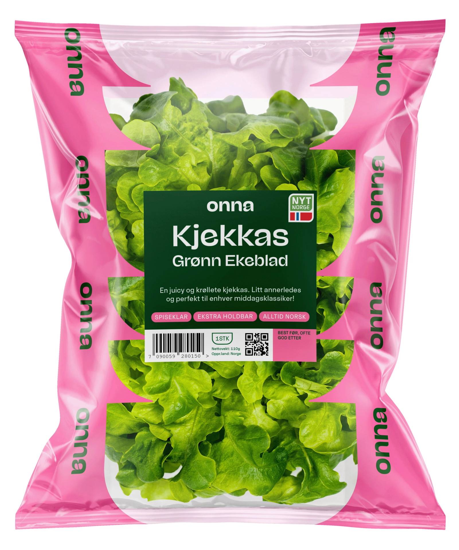 Pakke med ferdigvasket grønn salat kalt Kjekkas, med grønn og rosa emballasje og logoen ONNA på forsiden.