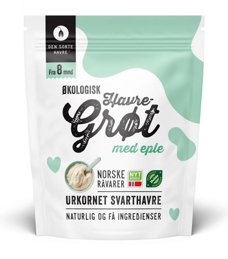 Pakkebilde av havregrøt med eple, økologisk og uten tilsatt sukker, i en grønn og hvit pose.