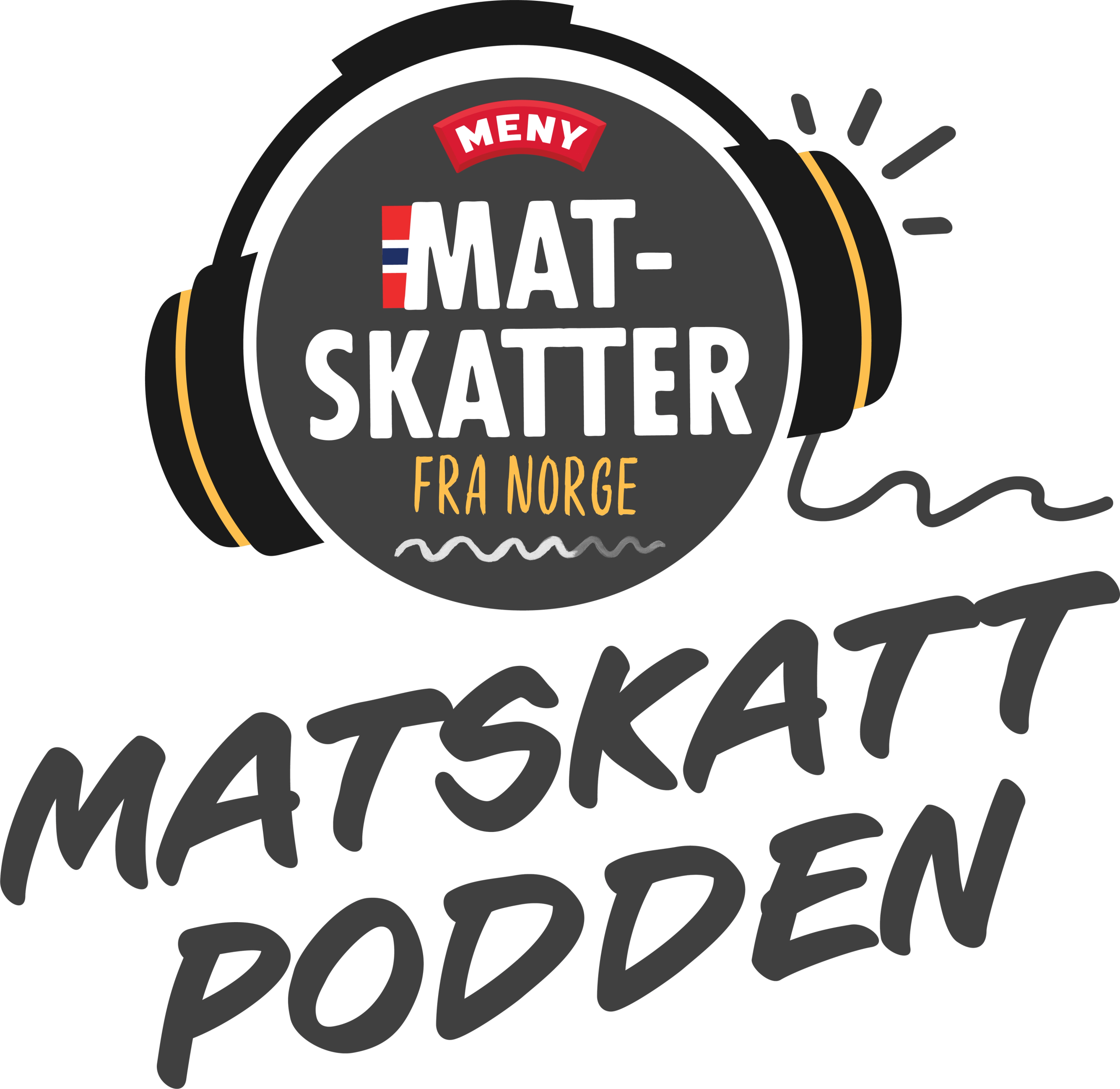 Logo for Matskattpodden med hodetelefoner og teksten 'Meny' øverst, 'Mat-skatter fra Norge' i midten og 'Matskattpodden' nederst.