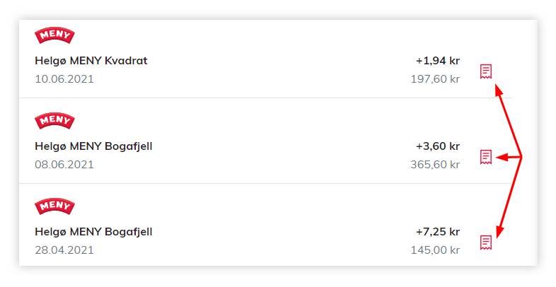 Digital kvittering med skygge som viser kjøp av varer fra MENY, inkludert butikknavn, dato, og beløp, med en skyggeeffekt på høyre side.