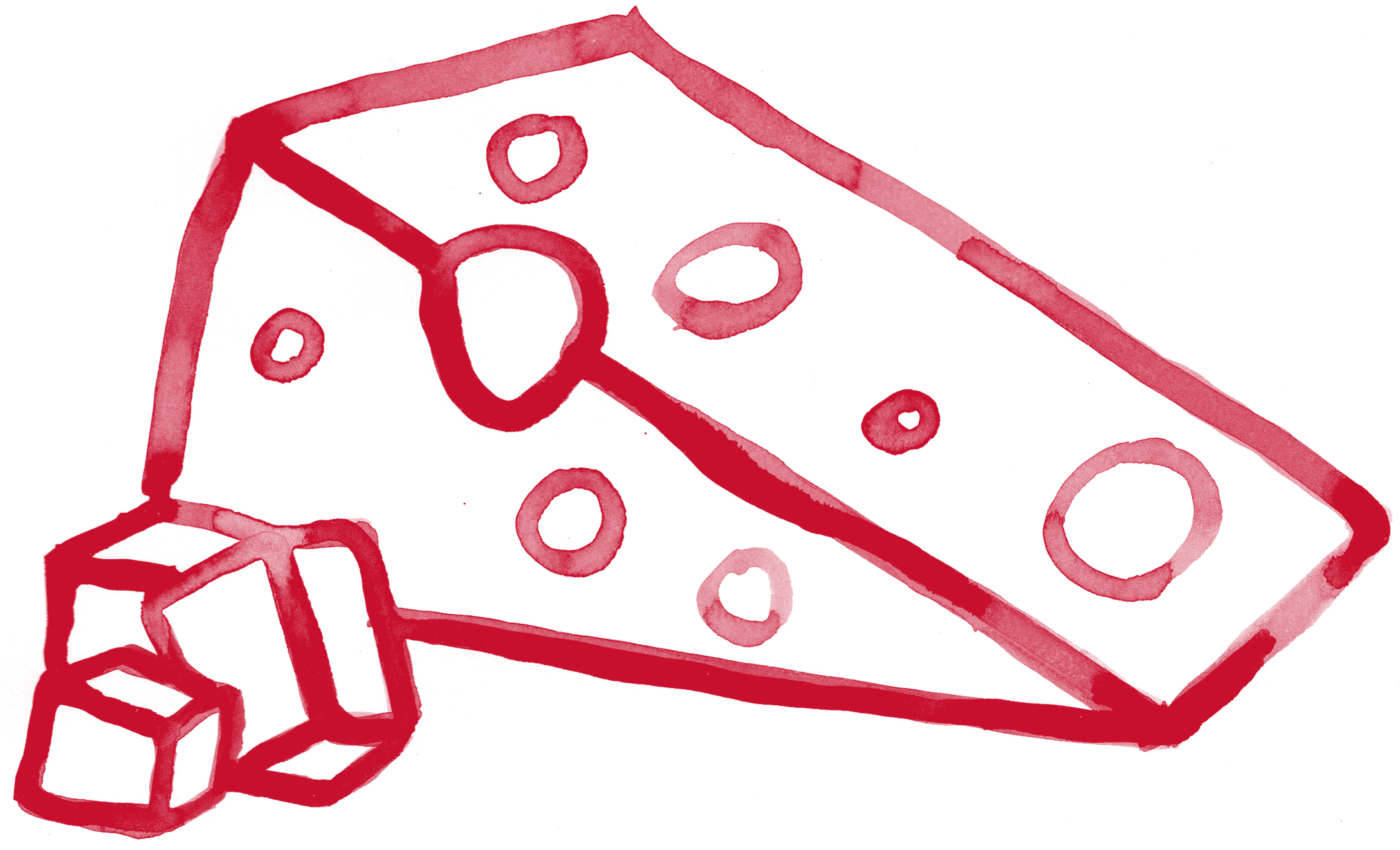 Et stykke rød ost med noen små ostebiter ved siden av, på en hvit bakgrunn.