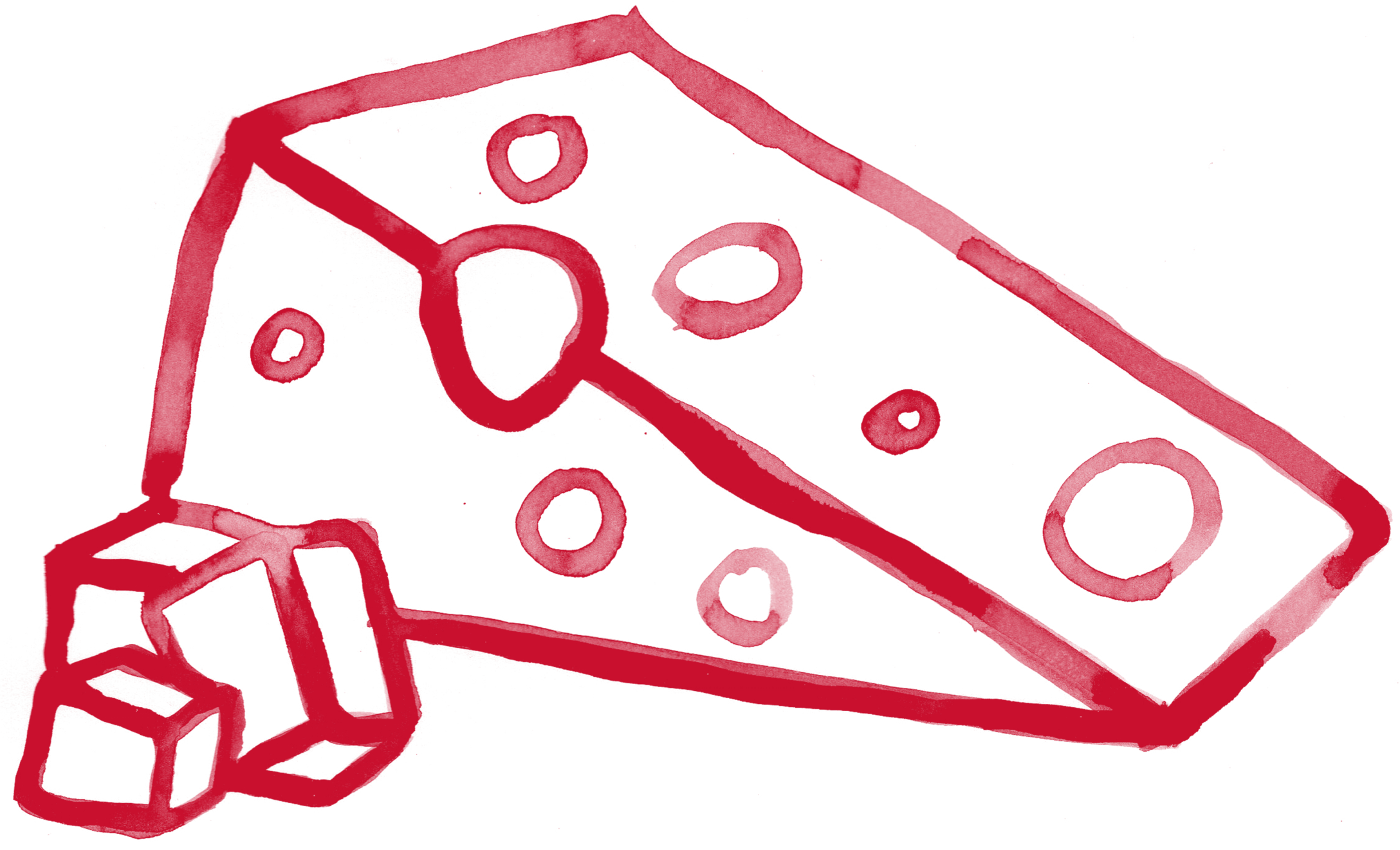 Et stykke rød ost med noen små ostebiter ved siden av, på en hvit bakgrunn.