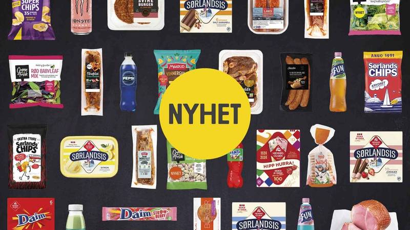 Et utvalg av mat- og drikkevarer, inkludert sjokolade, kjeks, brus, yoghurt og pålegg, med en gul sirkel med teksten 'NYHET' i midten.