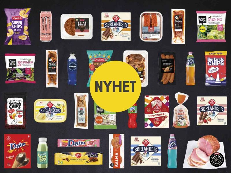 Et utvalg av mat- og drikkevarer, inkludert sjokolade, kjeks, brus, yoghurt og pålegg, med en gul sirkel med teksten 'NYHET' i midten.
