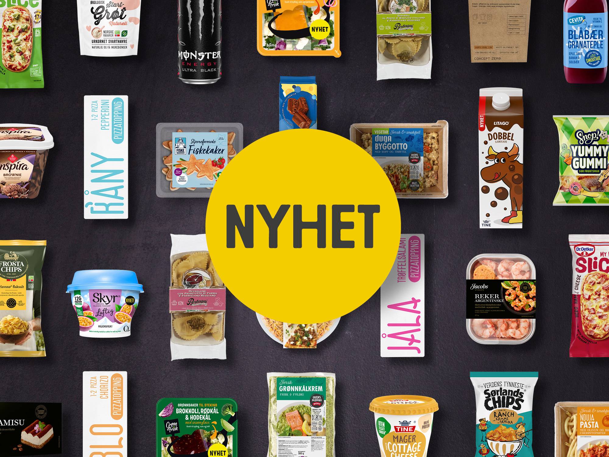 Et utvalg av ulike mat- og snacksprodukter med en stor gul sirkel med teksten NYHET i midten, mot en svart bakgrunn.
