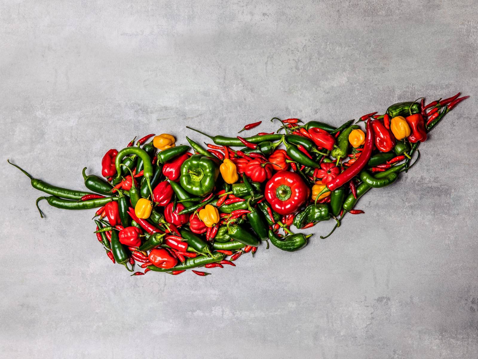 En samling av chili og paprika i ulike farger og former ligger på en grå overflate.