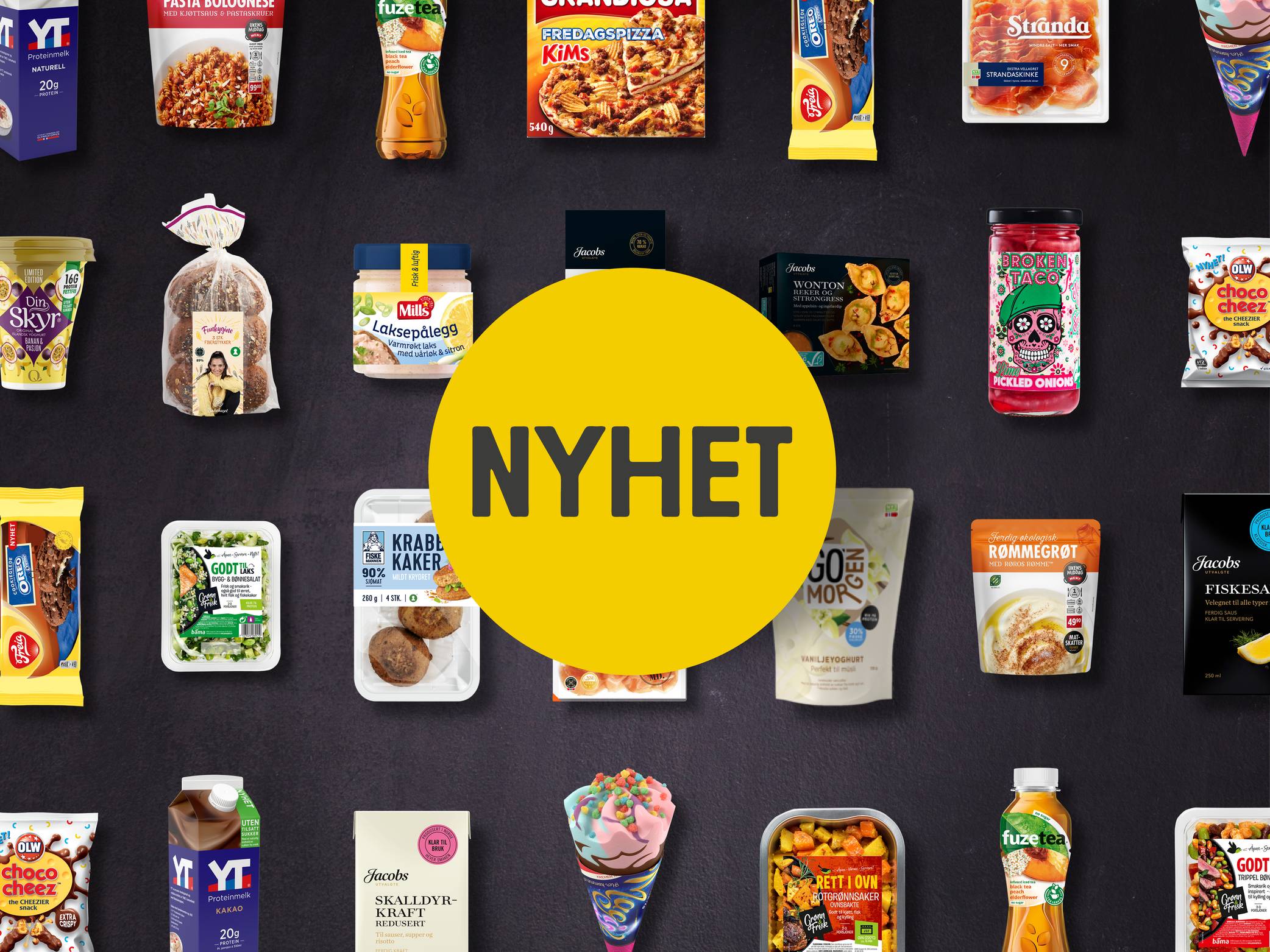 Et utvalg av ulike mat- og drikkevarer på en svart bakgrunn med en stor gul sirkel med teksten NYHET i midten.