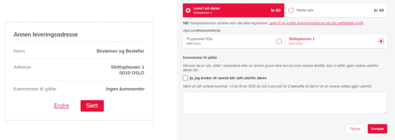 Skjermbilde av en nettside med felt for å legge inn en leveringsadresse, inkludert navn, adresse og kommentar til sjåfør.