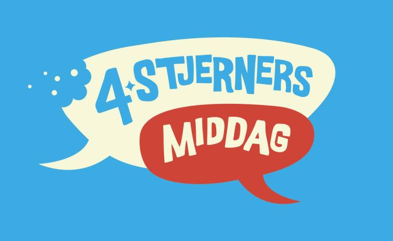 Logo for 4Stjernes Middag med blå bakgrunn og tekst i snakkebobler.