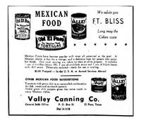 Gammel reklame for Old El Paso med bilder av hermetikkbokser og tekst om mexicansk mat, fra Valley Canning Co. i El Paso, Texas.