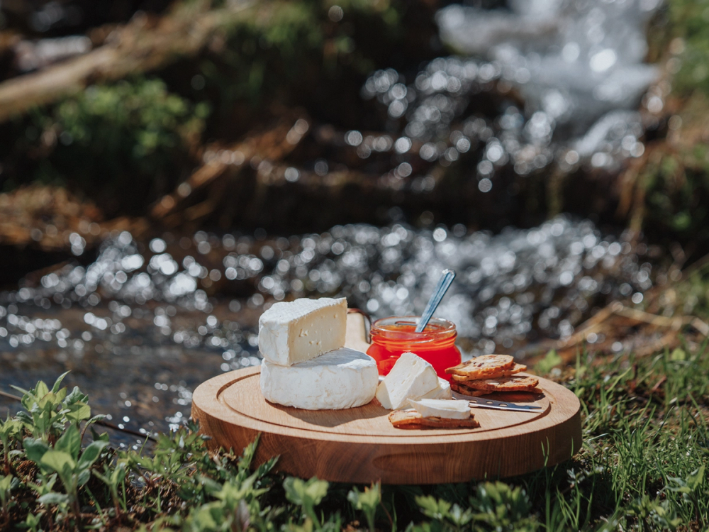 En ost og kjeks på et fat ved en bekk i naturen