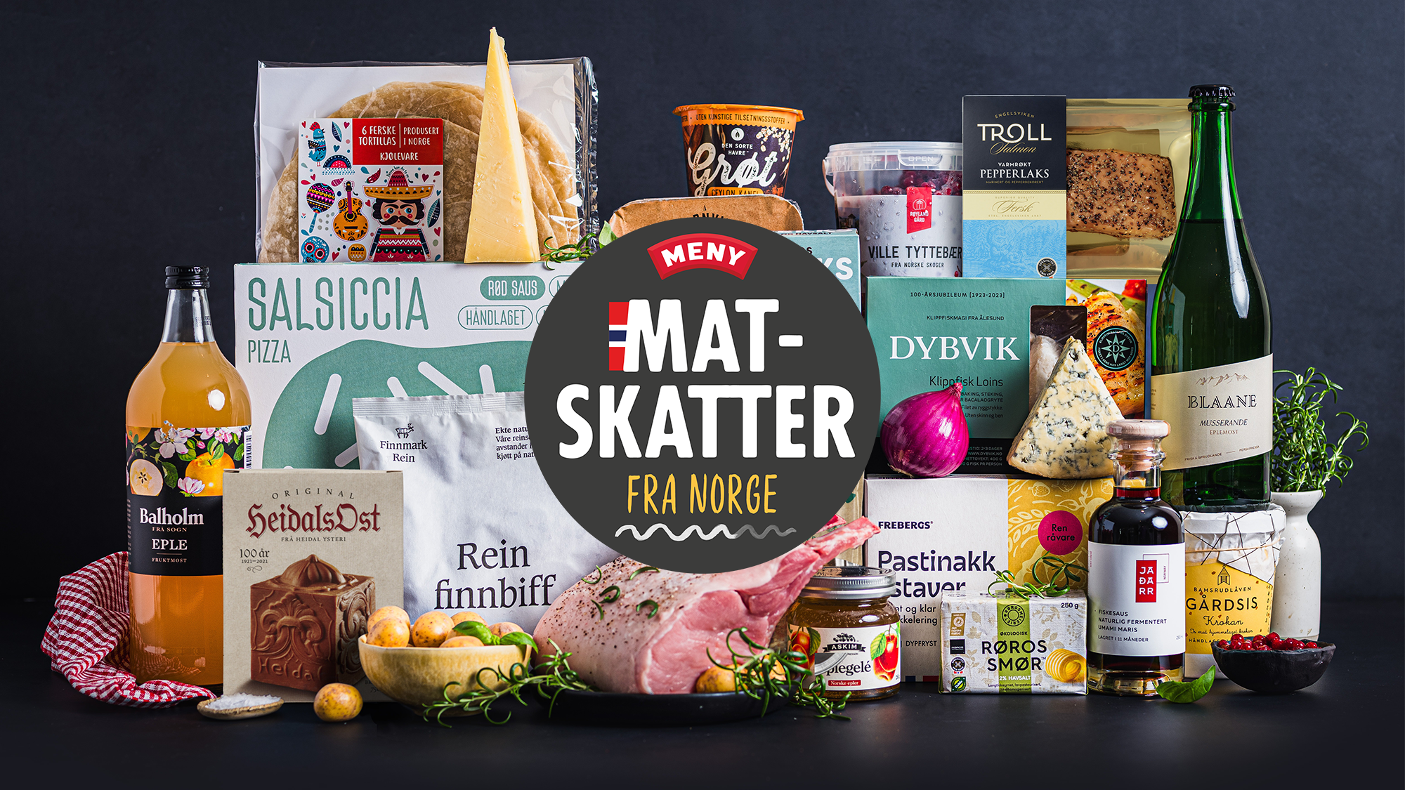 Utvalg av mat- og drikkevarer fra norske lokalmatprodusenter.