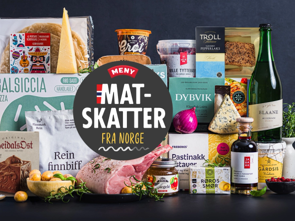 Utvalg av mat- og drikkevarer fra norske lokalmatprodusenter.